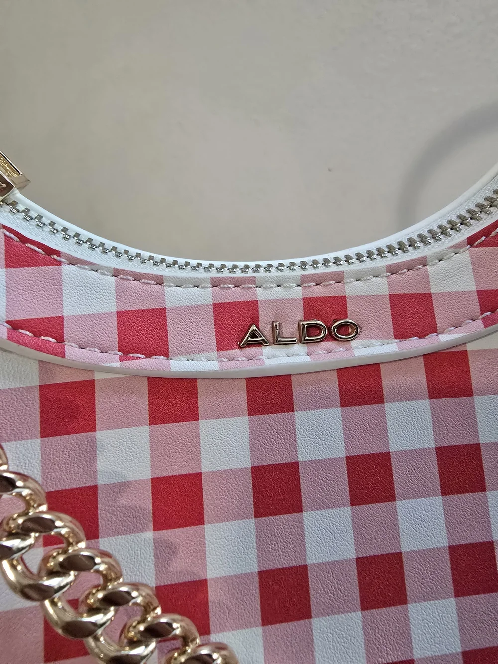 Aldo Red and White Gingham Crescent Shoulder Bag with Gold Chain